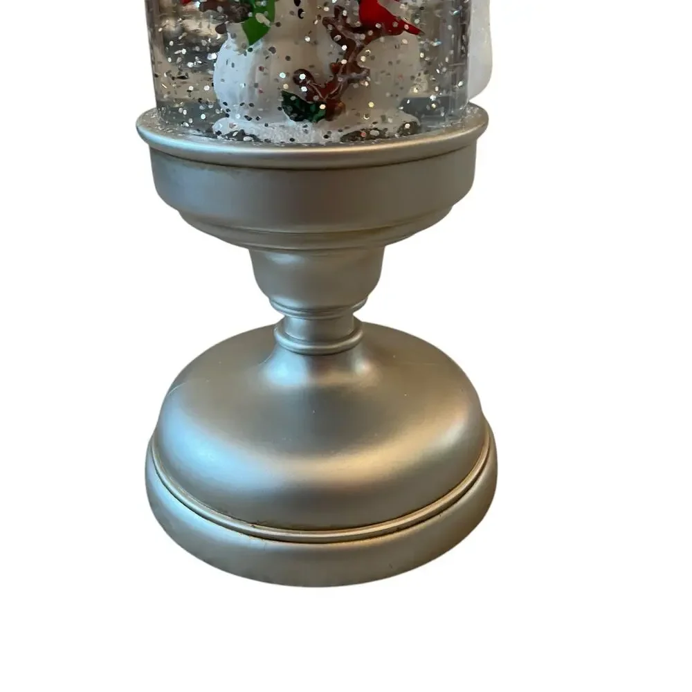 Illuminated Silver Glitter Pedestal Candle 13in Christmas Holiday Snowman New